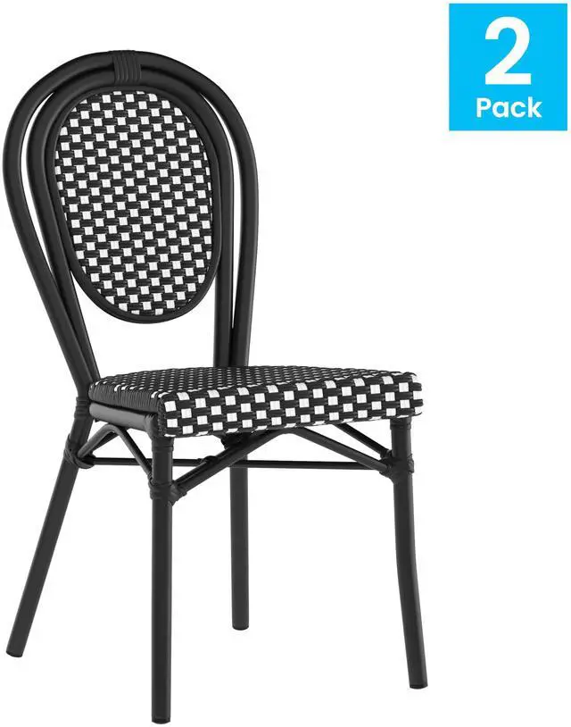 Alt view image 4 of 7 - Flash Furniture Lourdes Indoor/Outdoor Commercial Thonet Bistro Stack Chair - Black/White PE Rattan Back and Seat - Black Metal Frame - Set of 2