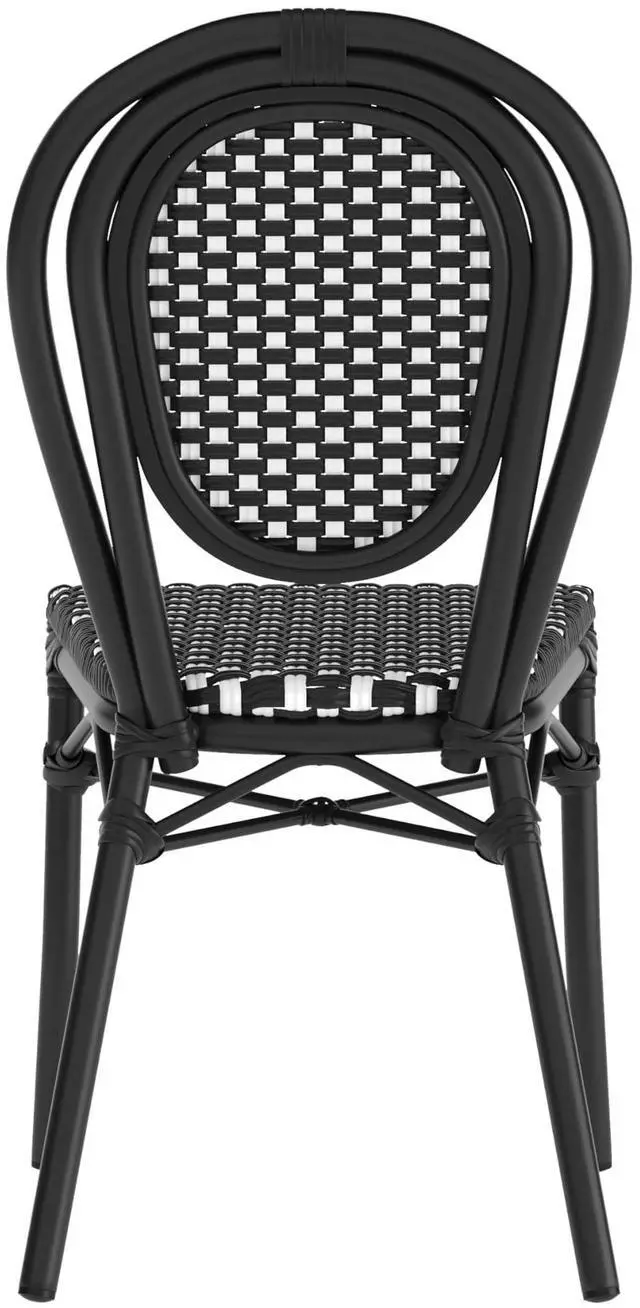 Alt view image 7 of 7 - Flash Furniture Lourdes Indoor/Outdoor Commercial Thonet Bistro Stack Chair - Black/White PE Rattan Back and Seat - Black Metal Frame - Set of 2