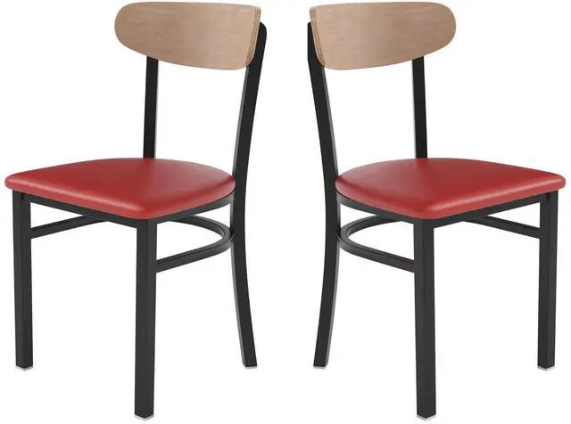 Alt view image 17 of 20 - Wright Commercial Dining Chair with 500 LB. Capacity Black Steel Frame, Natural Birch Finish Wooden Boomerang Back, and Red Vinyl Seat