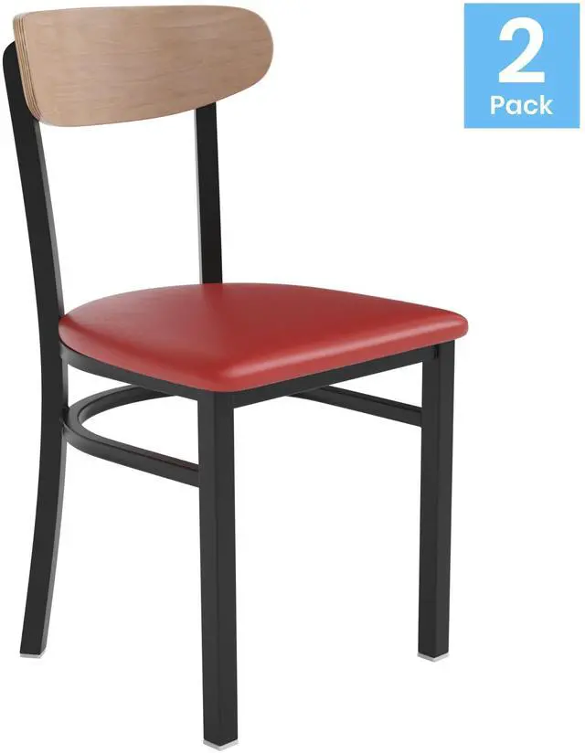 Alt view image 18 of 20 - Wright Commercial Dining Chair with 500 LB. Capacity Black Steel Frame, Natural Birch Finish Wooden Boomerang Back, and Red Vinyl Seat