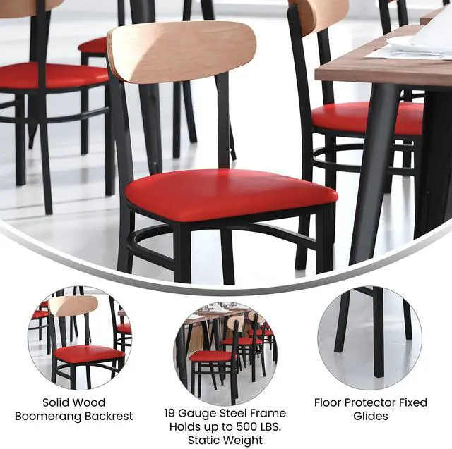 Alt view image 20 of 20 - Wright Commercial Dining Chair with 500 LB. Capacity Black Steel Frame, Natural Birch Finish Wooden Boomerang Back, and Red Vinyl Seat