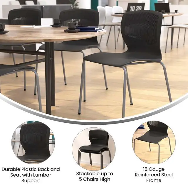 Alt view image 12 of 14 - Flash Furniture HERCULES Series Plastic Stack Chair with Lumbar Support Black 5 Pack (5RUTNC618BK)