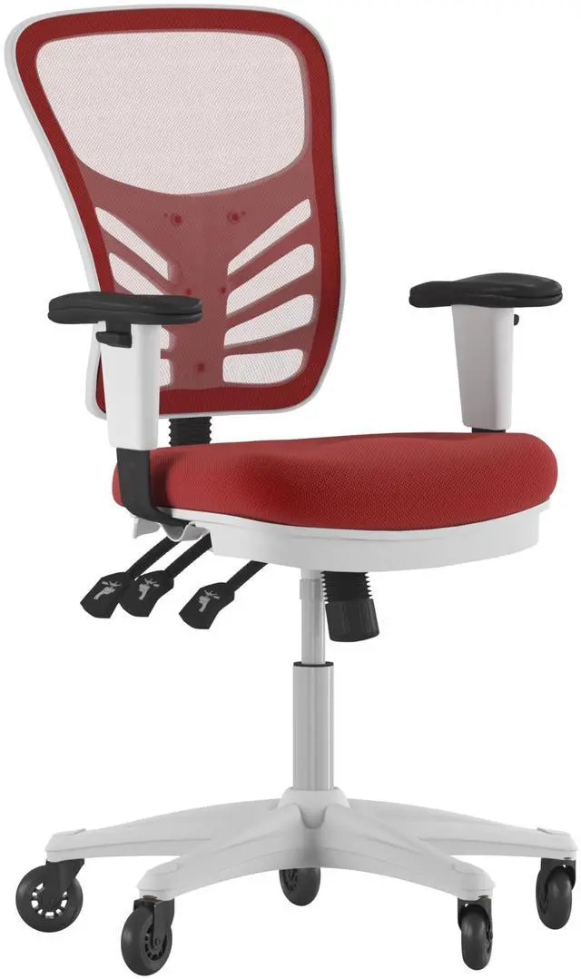 Alt view image 18 of 20 - Nicholas Mid-Back Red Mesh Multifunction Executive Ergonomic Office Chair with Adjustable Arms, Transparent Roller Wheels, and White Frame