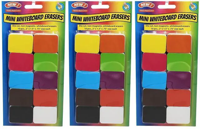 Alt view image 2 of 2 - Ashley Productions Non-Magnetic Mini Whiteboard Erasers, Assorted, 10 Per Pack, 3 Packs
