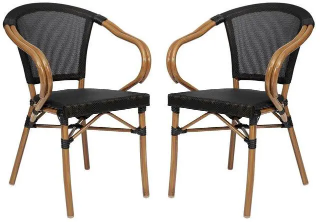 Main image of Flash Furniture Marseille Indoor/Outdoor Commercial Bistro Stack Chair - Curved Arms - Black Textilene Back and Seat - Natural Bamboo Print Metal Frame - 2 PK