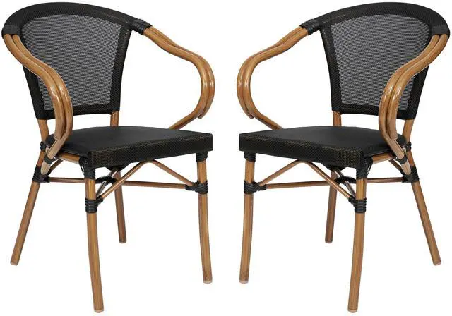 Alt view image 2 of 7 - Flash Furniture Marseille Indoor/Outdoor Commercial Bistro Stack Chair - Curved Arms - Black Textilene Back and Seat - Natural Bamboo Print Metal Frame - 2 PK