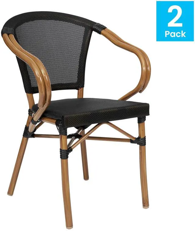 Alt view image 3 of 7 - Flash Furniture Marseille Indoor/Outdoor Commercial Bistro Stack Chair - Curved Arms - Black Textilene Back and Seat - Natural Bamboo Print Metal Frame - 2 PK