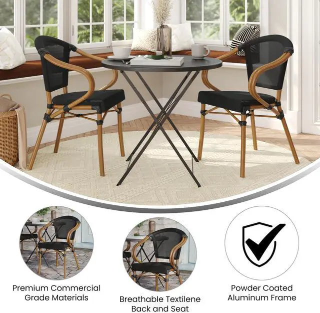 Alt view image 5 of 7 - Flash Furniture Marseille Indoor/Outdoor Commercial Bistro Stack Chair - Curved Arms - Black Textilene Back and Seat - Natural Bamboo Print Metal Frame - 2 PK