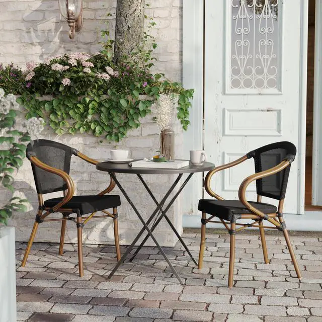 Alt view image 6 of 7 - Flash Furniture Marseille Indoor/Outdoor Commercial Bistro Stack Chair - Curved Arms - Black Textilene Back and Seat - Natural Bamboo Print Metal Frame - 2 PK