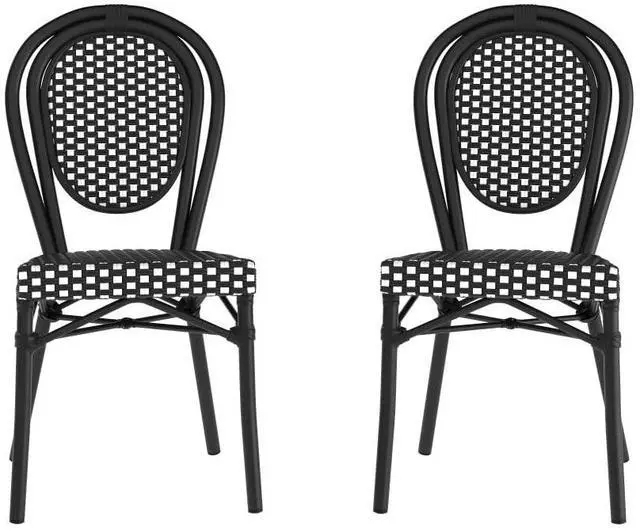Main image of Flash Furniture Lourdes Indoor/Outdoor Commercial Thonet Bistro Stack Chair - Black/White PE Rattan Back and Seat - Black Metal Frame - Set of 2