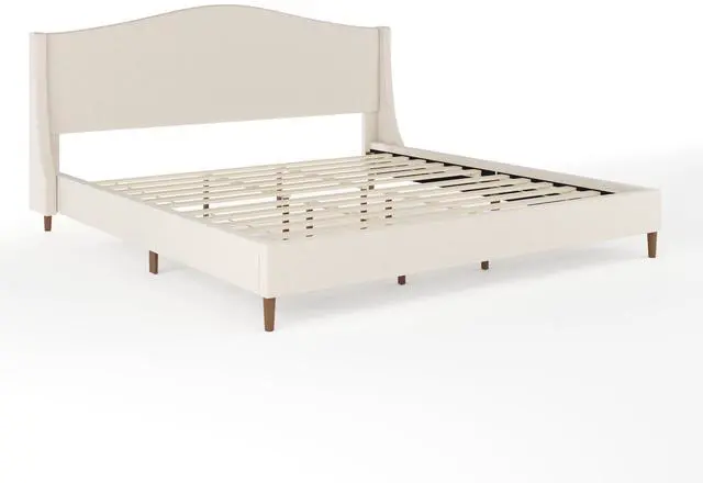 Alt view image 3 of 7 - Martha Stewart Amelia Platform Bed with Curved Headboard and Cushioned Side Rails, Faux Linen Upholstery, Wood Slat Foundation, No Box Spring Needed, King, Beige
