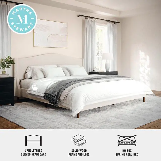 Alt view image 4 of 7 - Martha Stewart Amelia Platform Bed with Curved Headboard and Cushioned Side Rails, Faux Linen Upholstery, Wood Slat Foundation, No Box Spring Needed, King, Beige