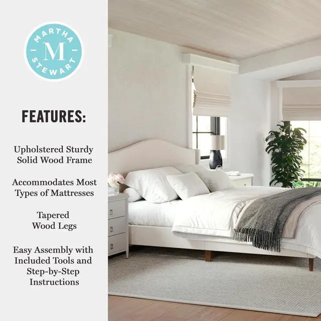 Alt view image 5 of 7 - Martha Stewart Amelia Platform Bed with Curved Headboard and Cushioned Side Rails, Faux Linen Upholstery, Wood Slat Foundation, No Box Spring Needed, King, Beige