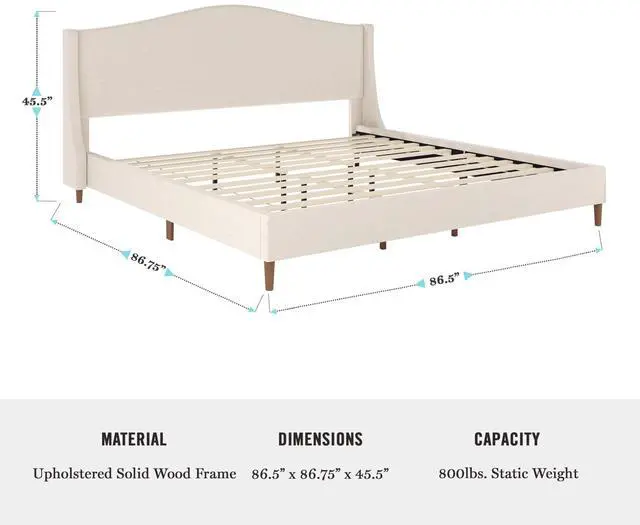 Alt view image 7 of 7 - Martha Stewart Amelia Platform Bed with Curved Headboard and Cushioned Side Rails, Faux Linen Upholstery, Wood Slat Foundation, No Box Spring Needed, King, Beige