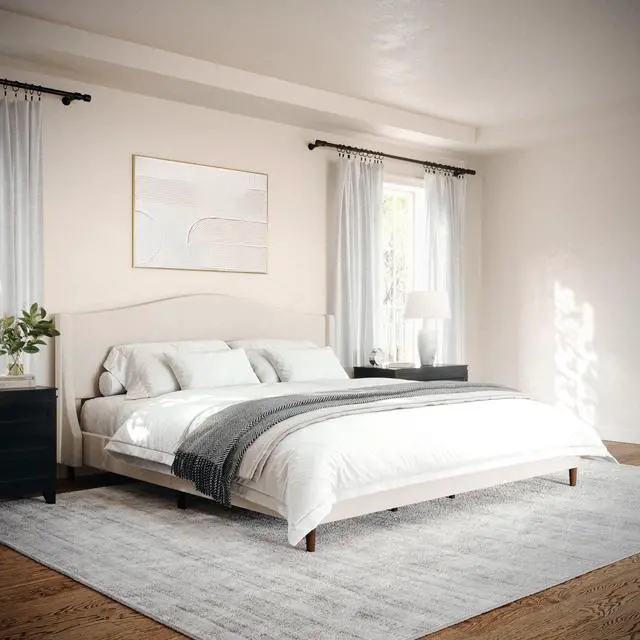 Alt view image 6 of 7 - Martha Stewart Amelia Platform Bed with Curved Headboard and Cushioned Side Rails, Faux Linen Upholstery, Wood Slat Foundation, No Box Spring Needed, King, Beige