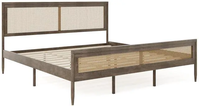Alt view image 3 of 7 - Martha Stewart Jax Platform Bed with Rattan Headboard and Footboard, Solid Wood Frame, Wooden Support Slats, No Box Spring Needed, King Size, Brown Gray