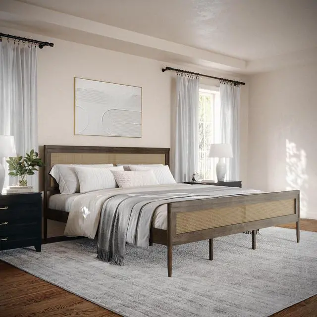 Alt view image 2 of 7 - Martha Stewart Jax Platform Bed with Rattan Headboard and Footboard, Solid Wood Frame, Wooden Support Slats, No Box Spring Needed, King Size, Brown Gray