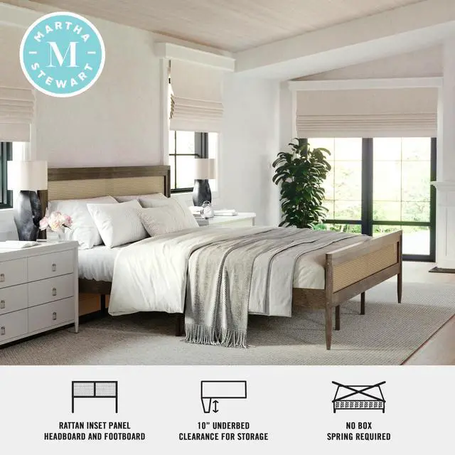 Alt view image 4 of 7 - Martha Stewart Jax Platform Bed with Rattan Headboard and Footboard, Solid Wood Frame, Wooden Support Slats, No Box Spring Needed, King Size, Brown Gray