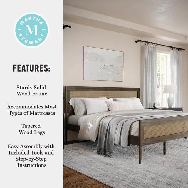 Alt view image 5 of 7 - Martha Stewart Jax Platform Bed with Rattan Headboard and Footboard, Solid Wood Frame, Wooden Support Slats, No Box Spring Needed, King Size, Brown Gray