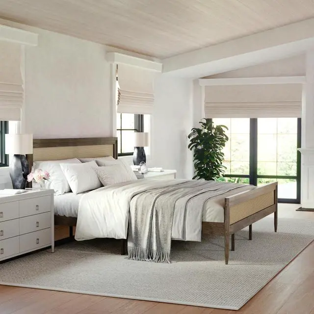 Alt view image 6 of 7 - Martha Stewart Jax Platform Bed with Rattan Headboard and Footboard, Solid Wood Frame, Wooden Support Slats, No Box Spring Needed, King Size, Brown Gray
