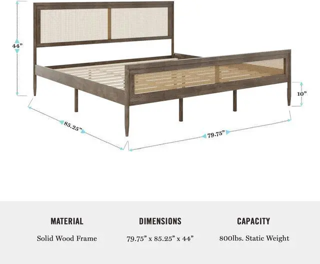 Alt view image 7 of 7 - Martha Stewart Jax Platform Bed with Rattan Headboard and Footboard, Solid Wood Frame, Wooden Support Slats, No Box Spring Needed, King Size, Brown Gray