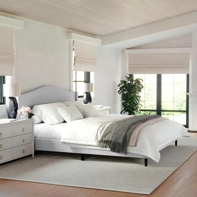 Alt view image 2 of 7 - Martha Stewart Amelia Platform Bed with Curved Headboard and Cushioned Side Rails, Faux Linen Upholstery, Wood Slat Foundation, No Box Spring Needed, King, Gray