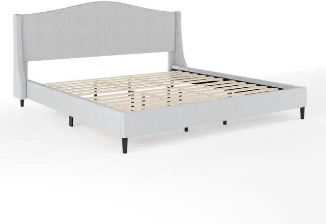 Alt view image 3 of 7 - Martha Stewart Amelia Platform Bed with Curved Headboard and Cushioned Side Rails, Faux Linen Upholstery, Wood Slat Foundation, No Box Spring Needed, King, Gray