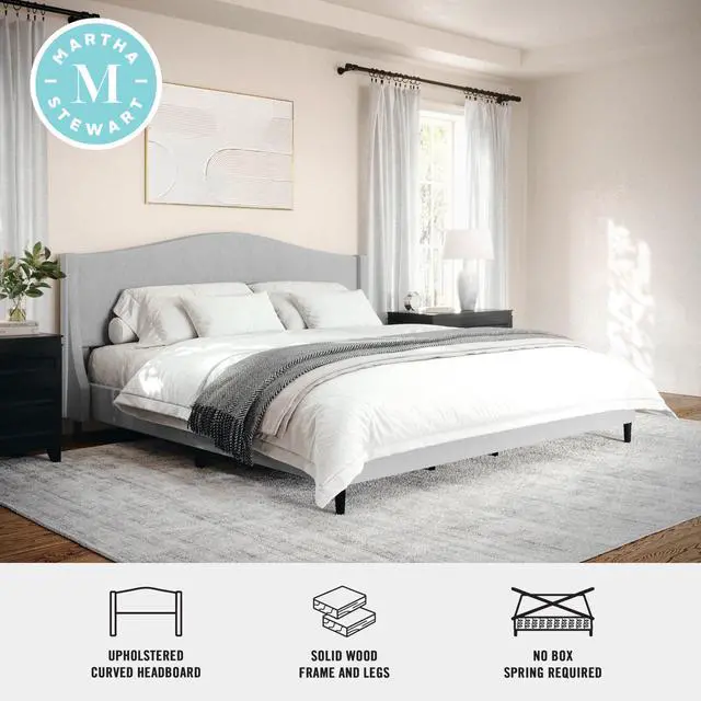 Alt view image 4 of 7 - Martha Stewart Amelia Platform Bed with Curved Headboard and Cushioned Side Rails, Faux Linen Upholstery, Wood Slat Foundation, No Box Spring Needed, King, Gray