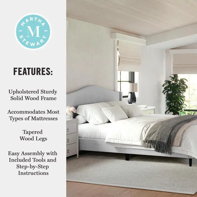Alt view image 5 of 7 - Martha Stewart Amelia Platform Bed with Curved Headboard and Cushioned Side Rails, Faux Linen Upholstery, Wood Slat Foundation, No Box Spring Needed, King, Gray