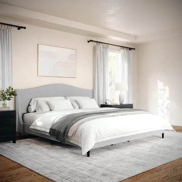 Alt view image 6 of 7 - Martha Stewart Amelia Platform Bed with Curved Headboard and Cushioned Side Rails, Faux Linen Upholstery, Wood Slat Foundation, No Box Spring Needed, King, Gray