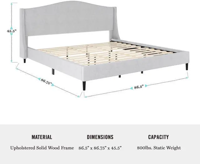 Alt view image 7 of 7 - Martha Stewart Amelia Platform Bed with Curved Headboard and Cushioned Side Rails, Faux Linen Upholstery, Wood Slat Foundation, No Box Spring Needed, King, Gray