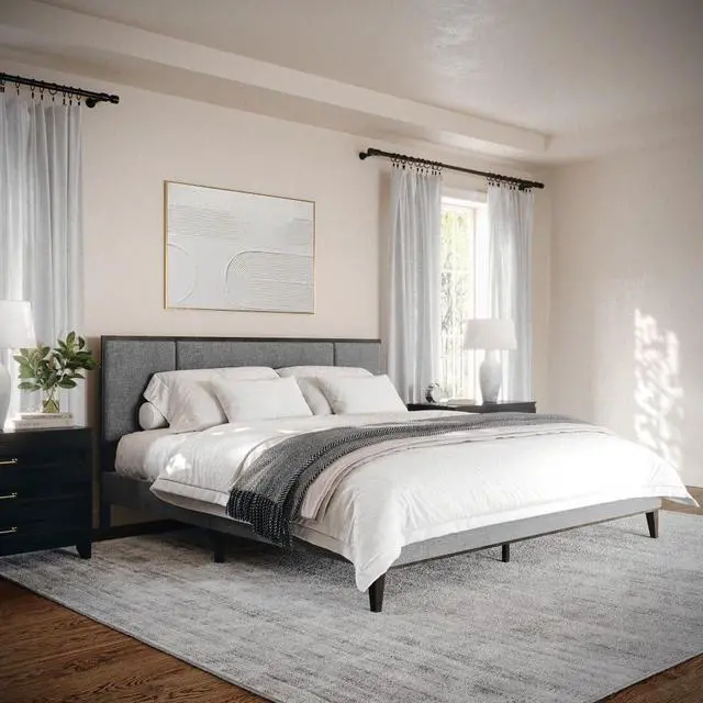 Main image of Martha Stewart Jett Platform Bed with Headboard, Fabric Upholstered Inset Headboard and Base, Solid Wood Frame, No Box Spring Needed, King, Brown Gray/Gray