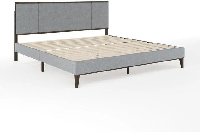 Alt view image 3 of 7 - Martha Stewart Jett Platform Bed with Headboard, Fabric Upholstered Inset Headboard and Base, Solid Wood Frame, No Box Spring Needed, King, Brown Gray/Gray