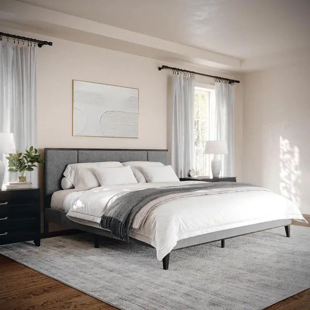 Alt view image 2 of 7 - Martha Stewart Jett Platform Bed with Headboard, Fabric Upholstered Inset Headboard and Base, Solid Wood Frame, No Box Spring Needed, King, Brown Gray/Gray