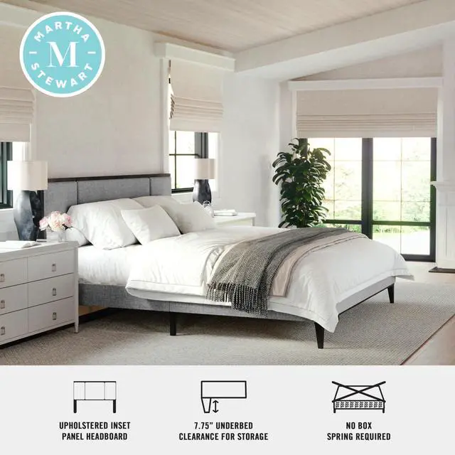 Alt view image 4 of 7 - Martha Stewart Jett Platform Bed with Headboard, Fabric Upholstered Inset Headboard and Base, Solid Wood Frame, No Box Spring Needed, King, Brown Gray/Gray