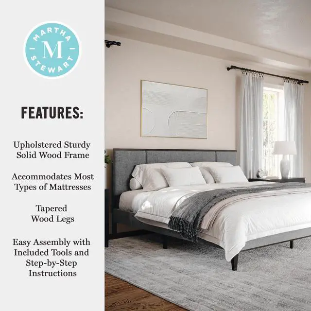 Alt view image 5 of 7 - Martha Stewart Jett Platform Bed with Headboard, Fabric Upholstered Inset Headboard and Base, Solid Wood Frame, No Box Spring Needed, King, Brown Gray/Gray