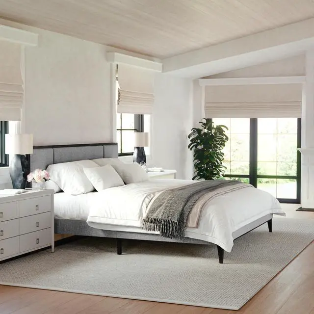 Alt view image 6 of 7 - Martha Stewart Jett Platform Bed with Headboard, Fabric Upholstered Inset Headboard and Base, Solid Wood Frame, No Box Spring Needed, King, Brown Gray/Gray