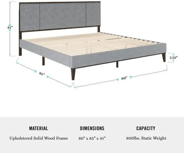 Alt view image 7 of 7 - Martha Stewart Jett Platform Bed with Headboard, Fabric Upholstered Inset Headboard and Base, Solid Wood Frame, No Box Spring Needed, King, Brown Gray/Gray