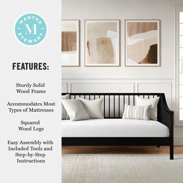 Alt view image 5 of 7 - Martha Stewart Neely Platform Daybed with Wood Spindles, Solid Wood Frame, No Box Spring Needed, Twin Size, Black