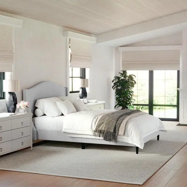 Main image of Martha Stewart Amelia Platform Bed with Curved Headboard and Cushioned Side Rails, Faux Linen Upholstery, Wood Slat Foundation, No Box Spring Needed, Full, Gray