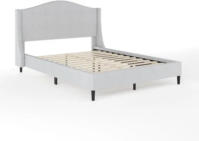 Alt view image 3 of 7 - Martha Stewart Amelia Platform Bed with Curved Headboard and Cushioned Side Rails, Faux Linen Upholstery, Wood Slat Foundation, No Box Spring Needed, Full, Gray