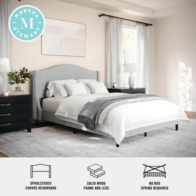 Alt view image 4 of 7 - Martha Stewart Amelia Platform Bed with Curved Headboard and Cushioned Side Rails, Faux Linen Upholstery, Wood Slat Foundation, No Box Spring Needed, Full, Gray