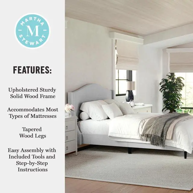 Alt view image 5 of 7 - Martha Stewart Amelia Platform Bed with Curved Headboard and Cushioned Side Rails, Faux Linen Upholstery, Wood Slat Foundation, No Box Spring Needed, Full, Gray