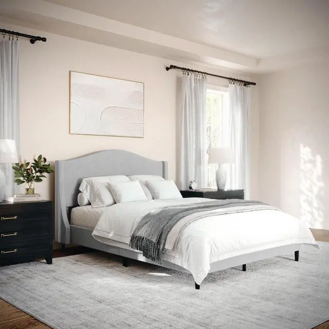 Alt view image 6 of 7 - Martha Stewart Amelia Platform Bed with Curved Headboard and Cushioned Side Rails, Faux Linen Upholstery, Wood Slat Foundation, No Box Spring Needed, Full, Gray