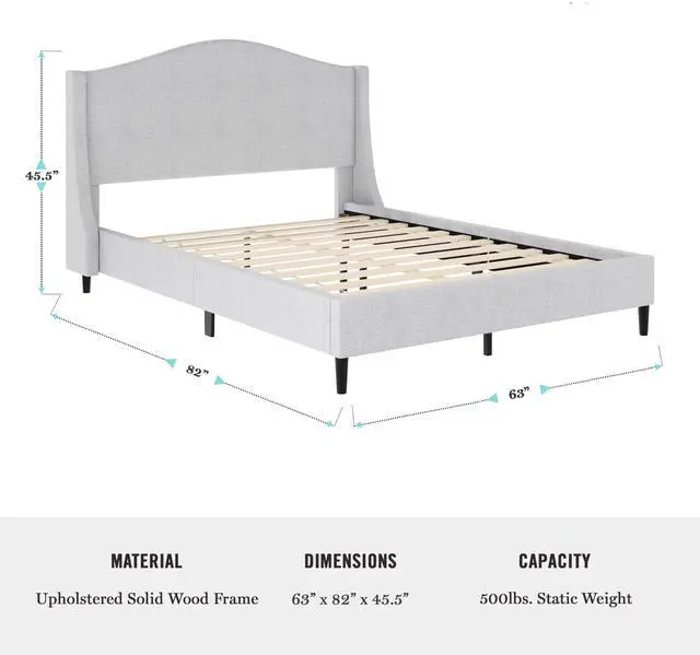 Alt view image 7 of 7 - Martha Stewart Amelia Platform Bed with Curved Headboard and Cushioned Side Rails, Faux Linen Upholstery, Wood Slat Foundation, No Box Spring Needed, Full, Gray