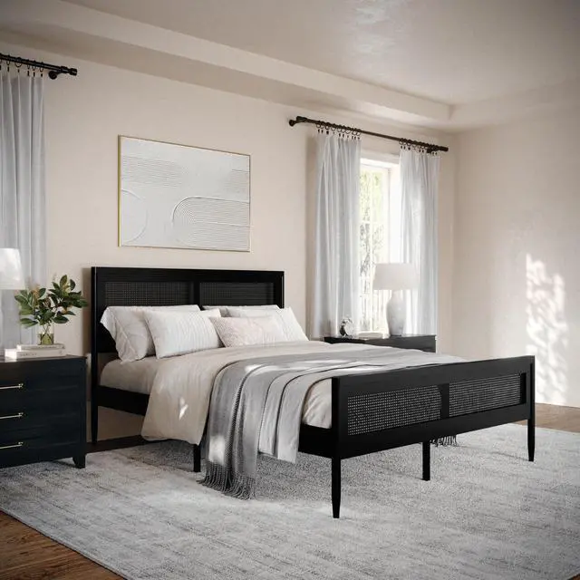 Alt view image 2 of 7 - Martha Stewart Jax Platform Bed with Rattan Headboard and Footboard, Solid Wood Frame, Wooden Support Slats, No Box Spring Needed, Queen Size, Black