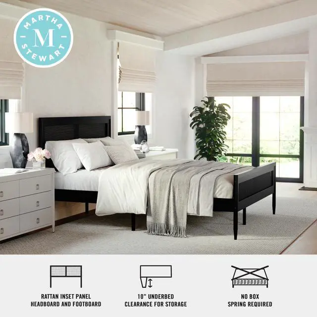 Alt view image 4 of 7 - Martha Stewart Jax Platform Bed with Rattan Headboard and Footboard, Solid Wood Frame, Wooden Support Slats, No Box Spring Needed, Queen Size, Black