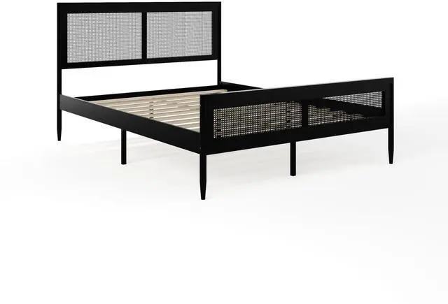 Alt view image 3 of 7 - Martha Stewart Jax Platform Bed with Rattan Headboard and Footboard, Solid Wood Frame, Wooden Support Slats, No Box Spring Needed, Queen Size, Black
