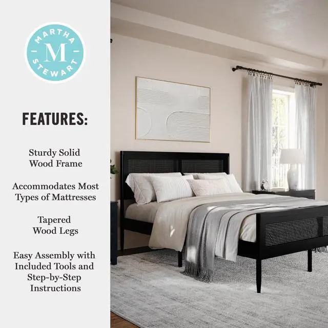 Alt view image 5 of 7 - Martha Stewart Jax Platform Bed with Rattan Headboard and Footboard, Solid Wood Frame, Wooden Support Slats, No Box Spring Needed, Queen Size, Black