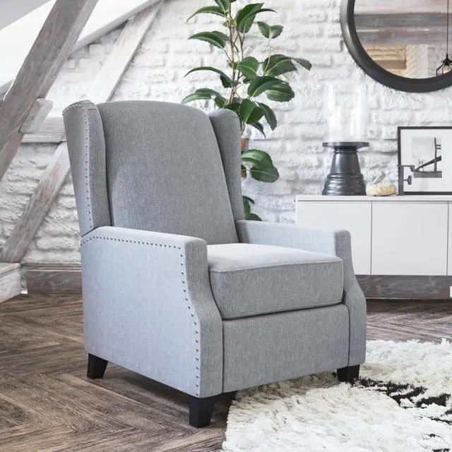 Alt view image 20 of 20 - Prescott Traditional Style Slim Push Back Recliner Chair-Wingback Recliner with Gray Polyester Fabric Upholstery-Accent Nail Trim
